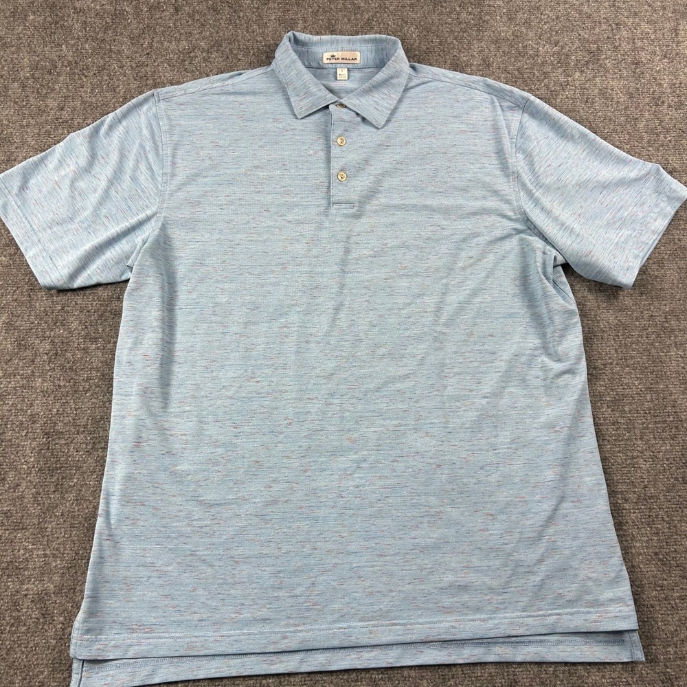 Peter Millar Polo Shirt Mens Large Blue Space Dye Performance MF18EK62S Golf - Picture 2 of 9